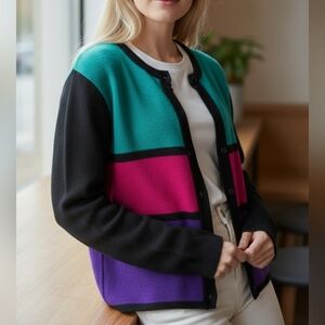 L • Jessica • 80s Colourblock Button Up Cardigan
